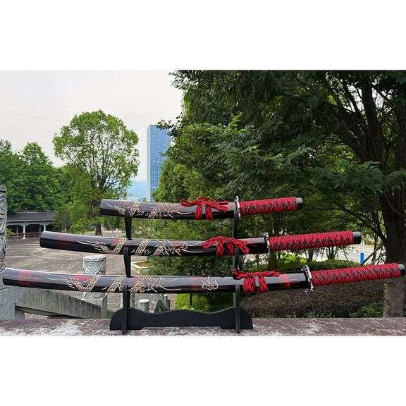 Three Japanese Samurai Sword Set Katana Wakizashi Tanto Full Tang