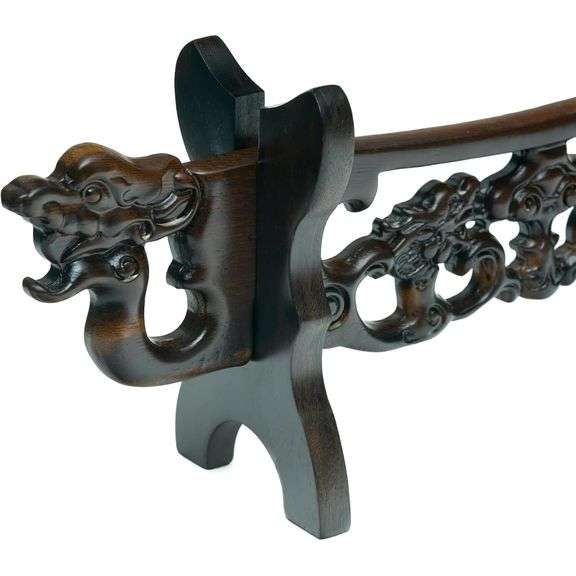 Hand-Carved Wooden Sword Display Stand with Dragon Head Design