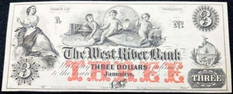 Superb Crisp 1800'S $3 Note West River Bank Jamaica VT!