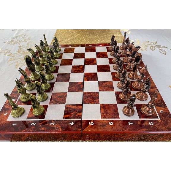 Egyptian-Style Metal Chess Set with Wooden Board