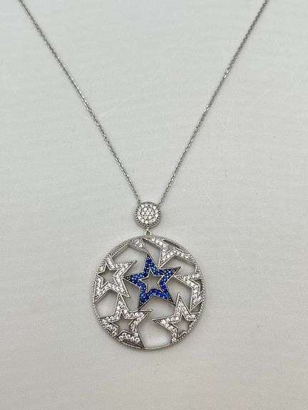 925 Sterling Silver Lucky Star Necklace Clear and Blue Pave Crystal