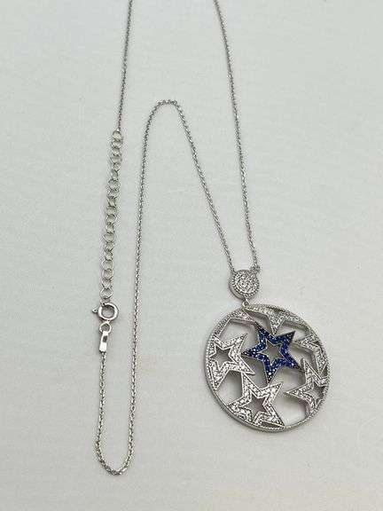 925 Sterling Silver Lucky Star Necklace Clear and Blue Pave Crystal