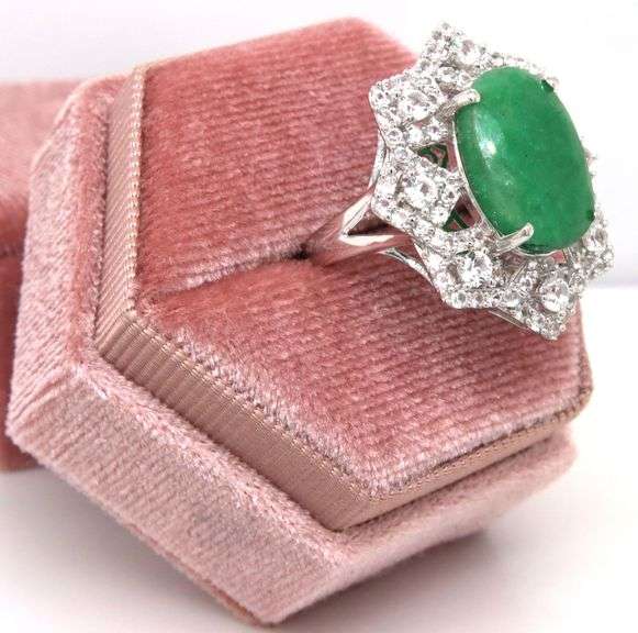 Glittering 9.50CTW Oval Faceted Emerald & 2.30CTW White Sapphire Ring in Sterling Silver