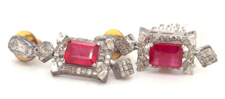Darling 4.90CTW Emerald-Cut Rubies & Diamond earrings in 14K White Gold Over Sterling Silver