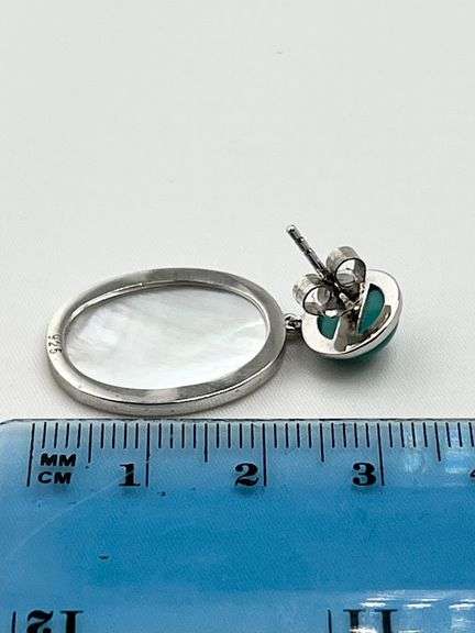 925 Sterling Silver Drop Turquoise And White MOP Earrings