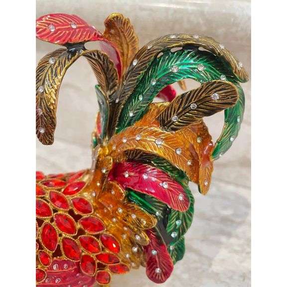 Ruby Red Faberge Rooster Jewelry Box with 24k Gold and Crystals