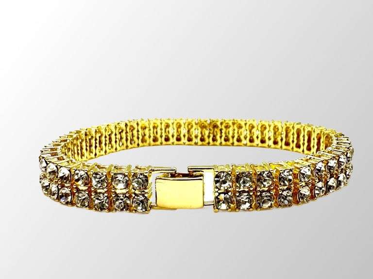 14 Kt Yellow Gold Plated 2 Row Simulated Diamond Tennis Bracelet