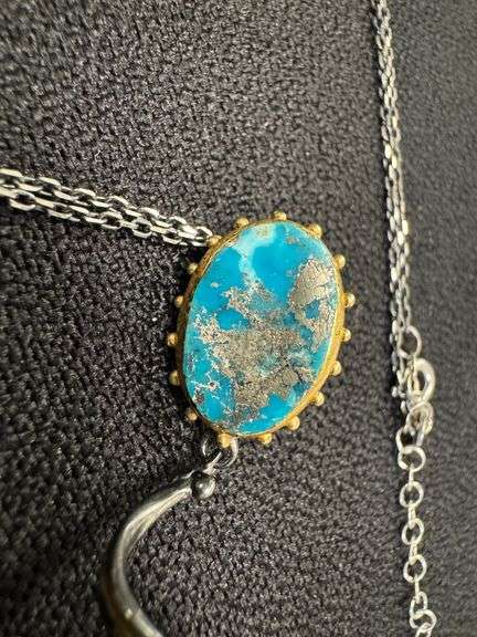 Persian Turquoise Pendant with Freshwater Pearl 18k Gold over Oxidized 925 Sterling Silver 24" Neckl