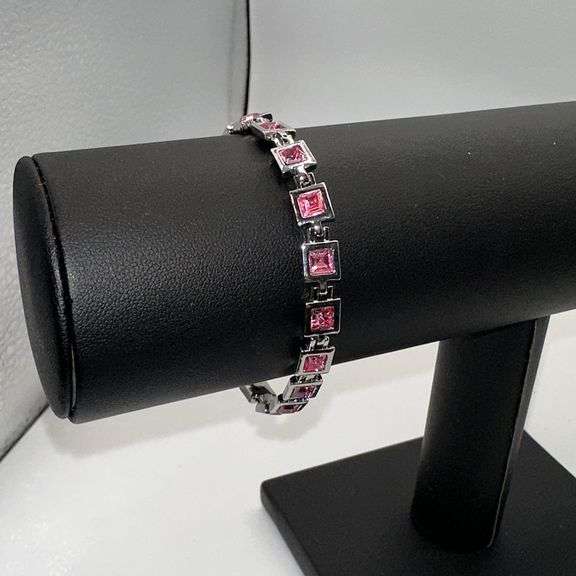 18 Kt White Gold Plated Lab Simulated Pink Sapphire Princess Cut Bracelet