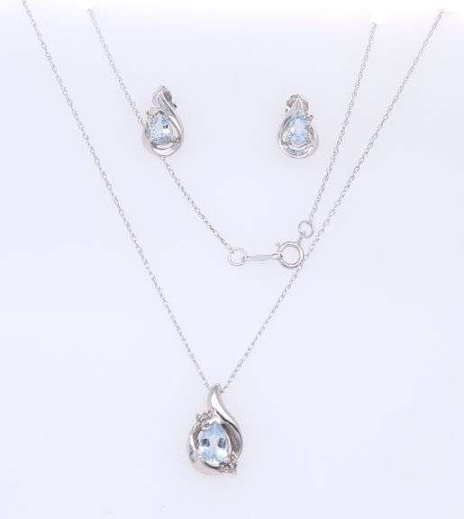 Set of White Gold Pear Shaped Blue Stone and Diamond Necklace and Earrings