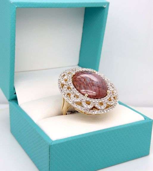 Amazing Huge 25.16CTS Oval Cabochon-Cut Ruby & 2.53CTW Round Faceted Colorless Sapphires Ring in 14K