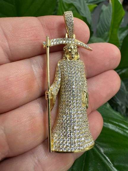 Gold Plated 925 Sterling Silver CZ Santa Muerte Hip Hop Pendant