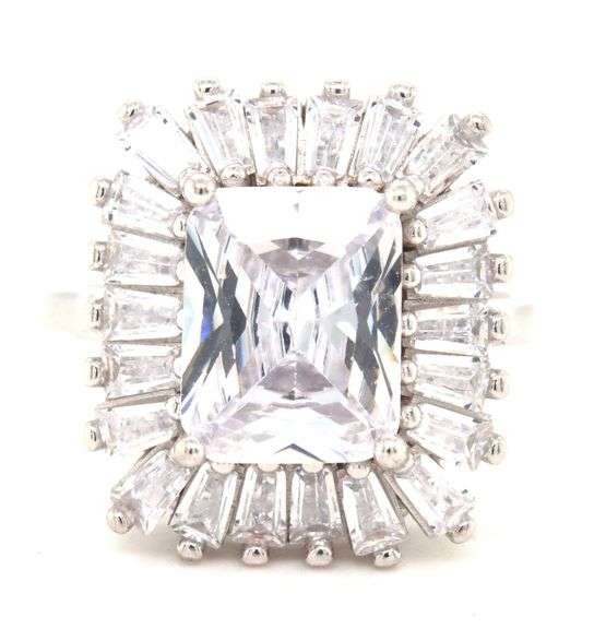 925 Sterling silver emerald cut cubic zirconia ring with baguette cut CZ halo