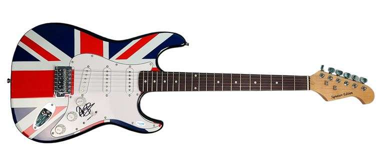 Def Leppard Rick Savage Autographed British Flag Graphics Guitar ACOA