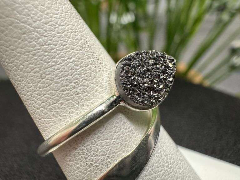 Sterling Silver 925 Titanium Coated Druzy Agate Crystal Stone Ring Adjustable Spoon Band