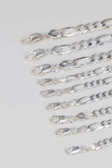 Sterling Silver - Italy Stamped - Super Flat Diamond-Cut Figaro Lot - 9 Chains - 5.4mm to 7.9mm Wide