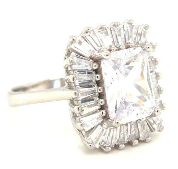 925 Sterling silver emerald cut cubic zirconia ring with baguette cut CZ halo