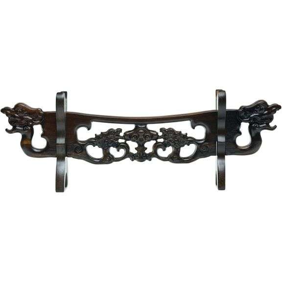 Hand-Carved Wooden Sword Display Stand with Dragon Head Design