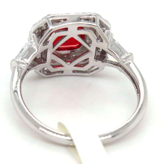 Red cushion cut and white round cubic zirconia ring in 925 sterling silver