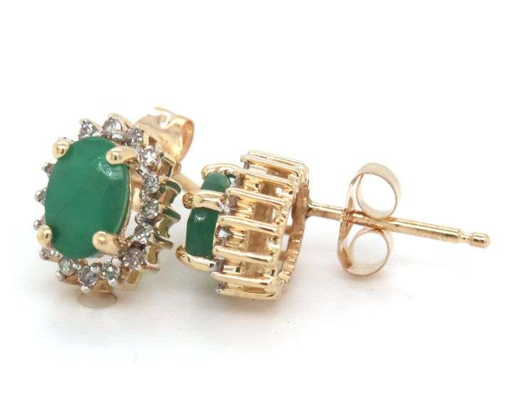 14kt Yellow gold Oval emerald and diamond halo stud earrings