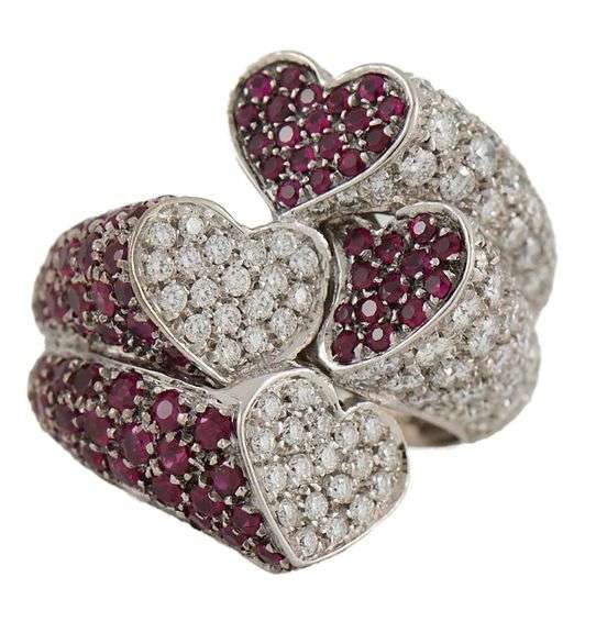 1.90ctw Ruby and 2.20ctw Pave Diamond Heart Shaped Bypass Ring in 18K