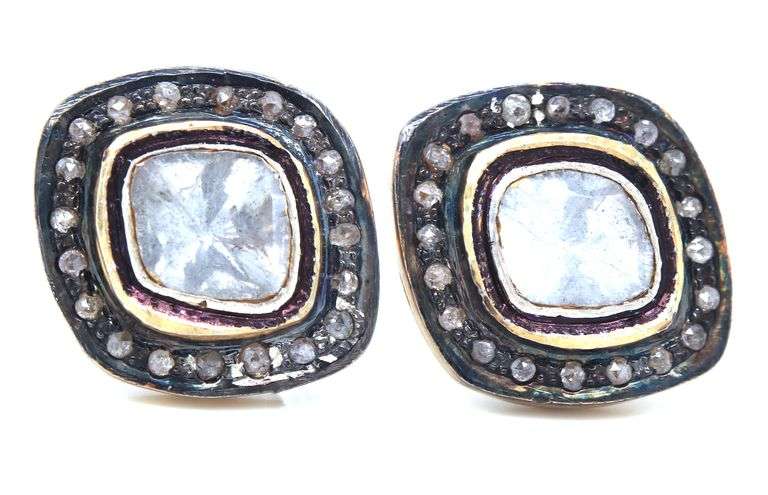 Thick Mine Cut Diamond Earrings with Gold Plated Silver and Diamond Accents