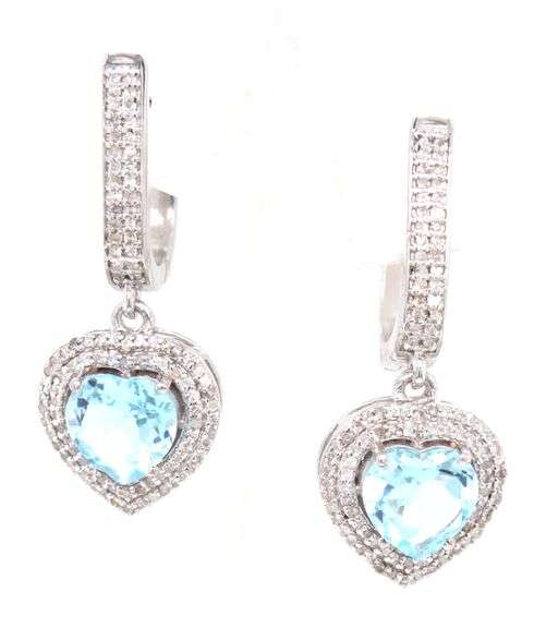 Gorgeous 6.88CTW Heart Shaped Faceted Blue Topaz & Diamond Dangle Earrings in 14K White Gold Over St