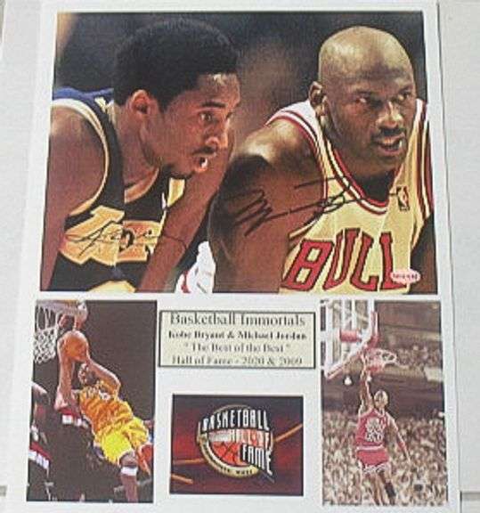 HAND SIGNED KOBE BRYANT AND MICHAEL JORDAN 8X10 MOUNTED ON A 11X14 DISPLAY WITH COA