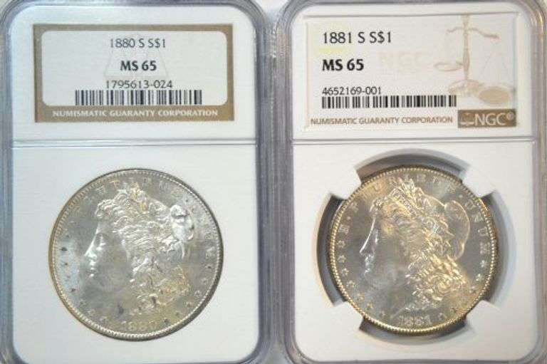 Blazing solid Gem BU 1880-S & 1881-S Morgan Dollars. NGC MS65
