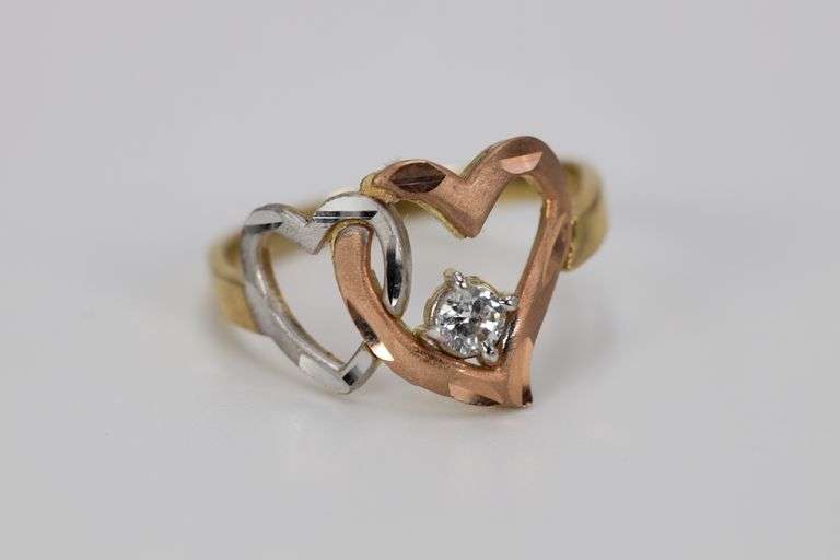 10k Yellow Gold Rose White Heart Knot White CZ Solitaire Promise Ring Size 7