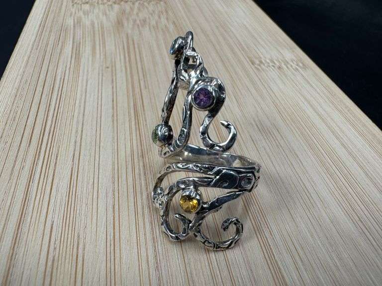 Sterling Silver Blue Topaz, Peridot, Citrine, Amethyst Gemstone Ring Size 7