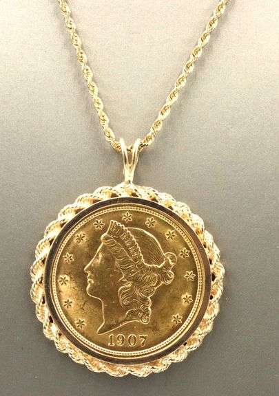 1907 $20 Liberty coin in rope bezel on chain