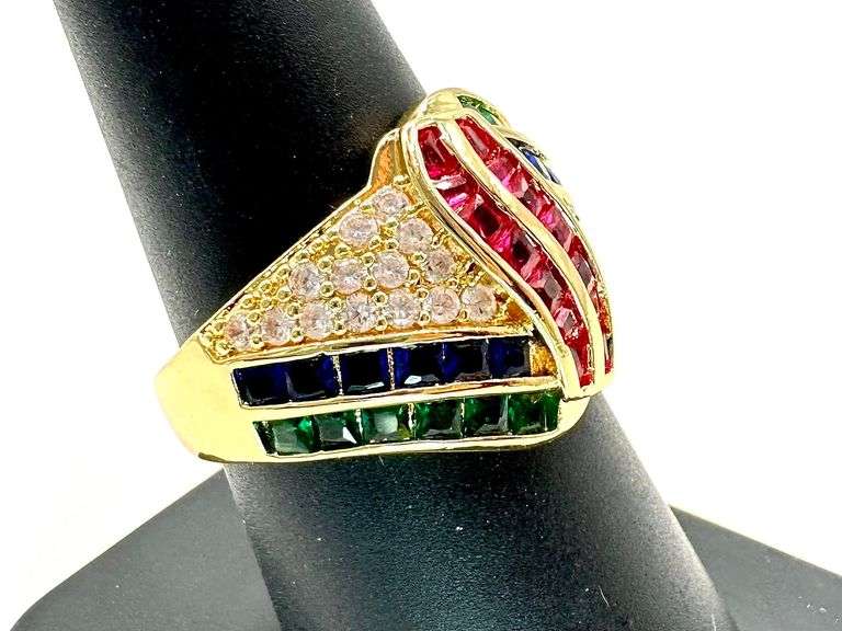 14 Kt Gold Plate 4.75 Ctw Simulated Diamond Ruby Blue Sapphire and Green Emerald Ring