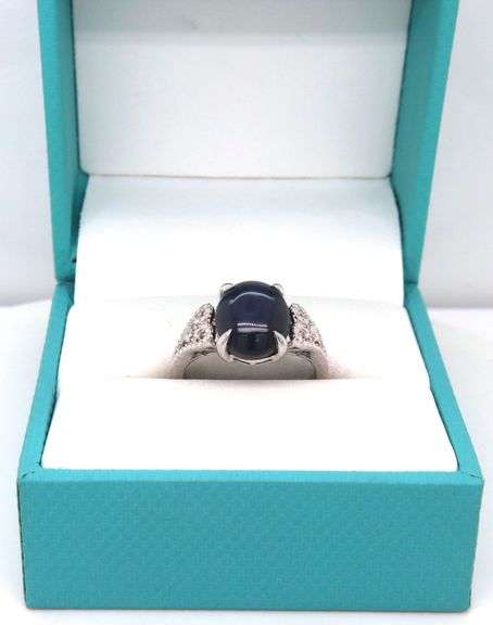 Darling 6.59CTS Cabochon-Cut Blue Sapphire & Diamond Ring in Sterling Silver
