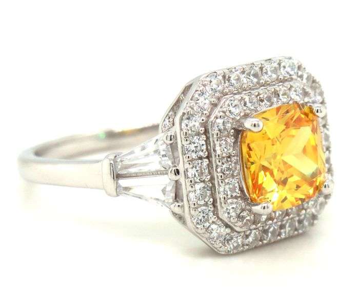 925 Sterling silver princess cut yellow and white round and baguette cubic zirconia ring