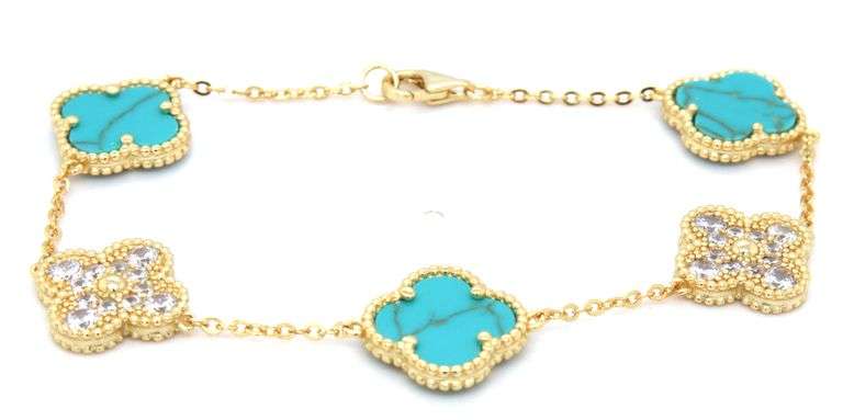 925 Sterling silver 12mm turquoise and cubic zirconia clover link bracelet