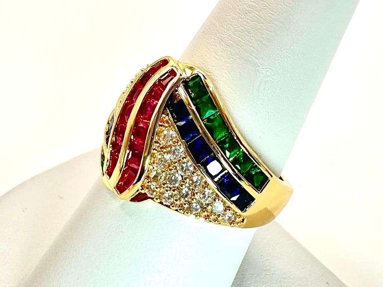 14 Kt. Gold Plate Simulated Ruby, Sapphire, and Emerald Ring