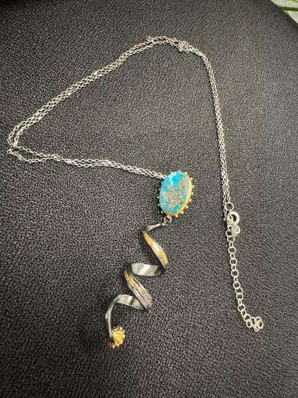 Persian Turquoise Pendant with Freshwater Pearl 18k Gold over Oxidized 925 Sterling Silver 24" Neckl
