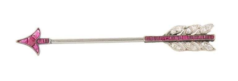 Vintage Cartier Ruby and 0.15ctw Diamond Art Deco Jabot Brooch in Platinum