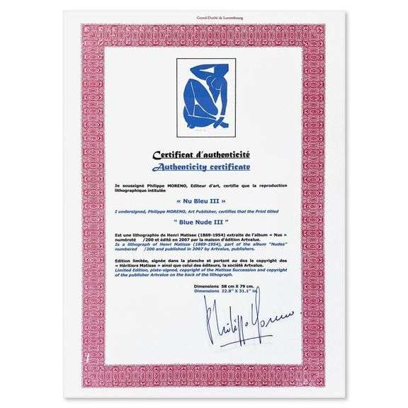 "Nu Bleu III" by Henri Matisse 1869-1954 (After)