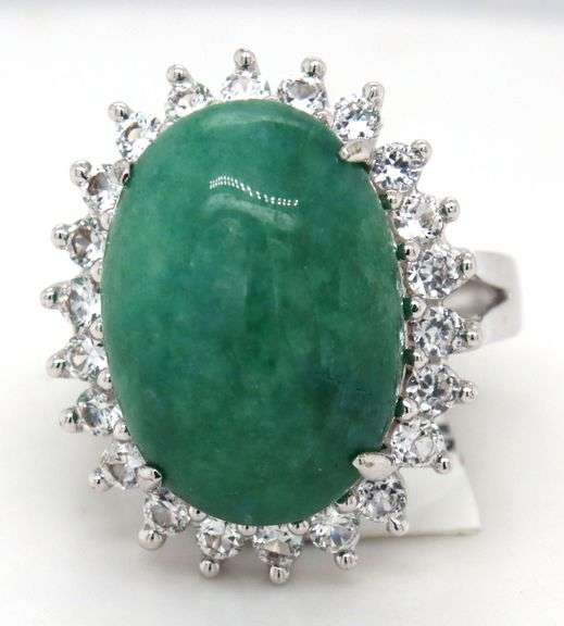 Charming 13.00CTS Oval Cabochon-Cut Emerald & Sapphire Ring in Sterling Silver