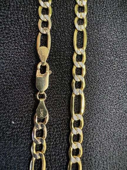 10k Yellow Gold-Hollow Pave Figaro Link Chain 5.3mm Necklace 18"