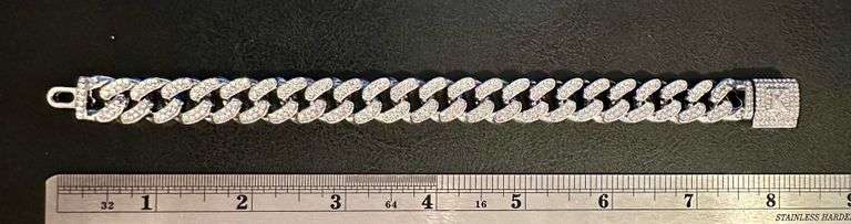 Sparkling 14 Kt White Gold Plate 34.5 Gram Monogramed Initial "K" Curb Link Bracelet
