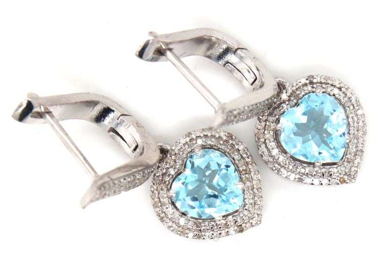 Gorgeous 6.88CTW Heart Shaped Faceted Blue Topaz & Diamond Dangle Earrings in 14K White Gold Over St