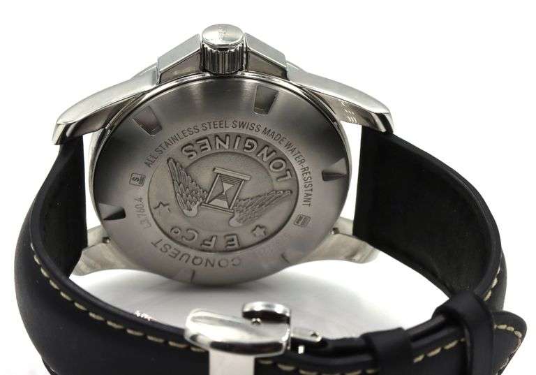 Longines Conquest 43mm black dial on leather strap watch