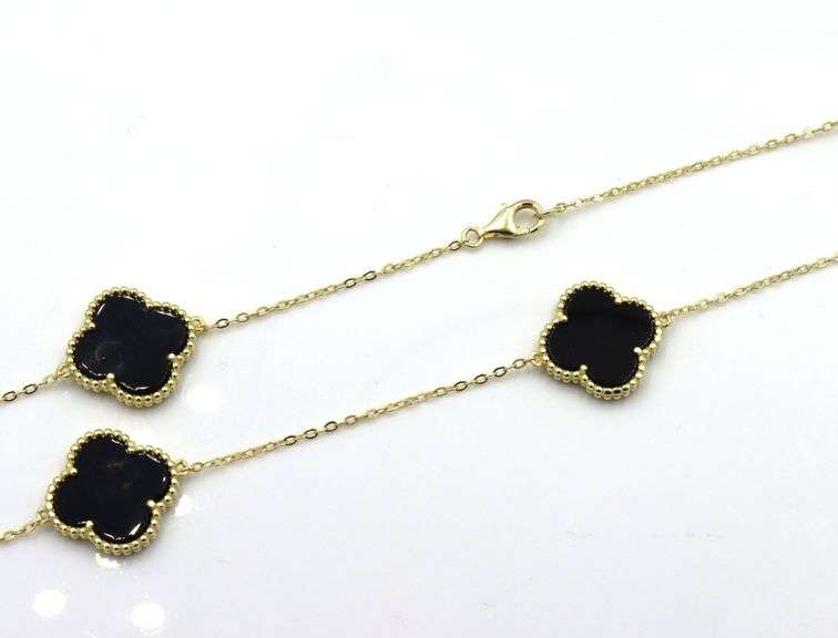 925 Sterling silver 7 clover black onyx link necklace
