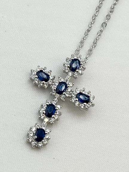 925 Sterling Silver Blue Sapphire Color And Rhinestone Cross Pendant And Chain Necklace