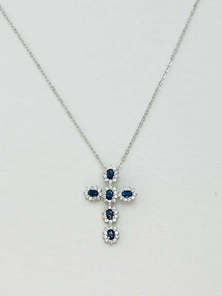 925 Sterling Silver Blue Sapphire Color And Rhinestone Cross Pendant And Chain Necklace