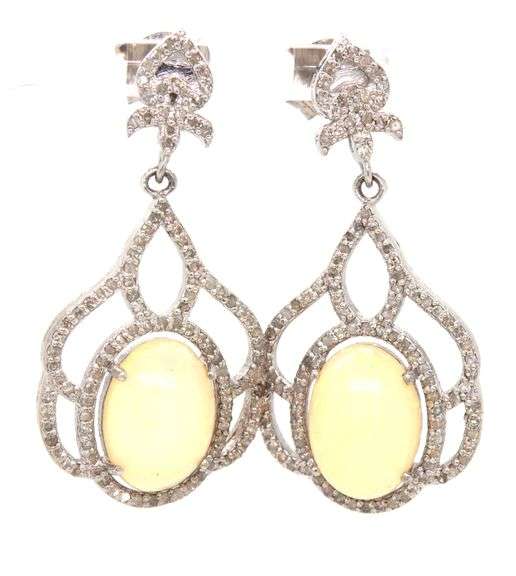 Enchanting Pair of 6.65CTW Oval Cabochon-Cut Opal W/ Fire and 1.30CTW Diamond Dangle Earrings in Ste