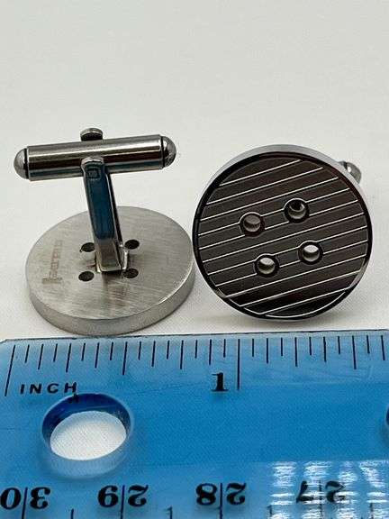 925 Sterling Silver Round Button Style Striped Pattern Cufflimks